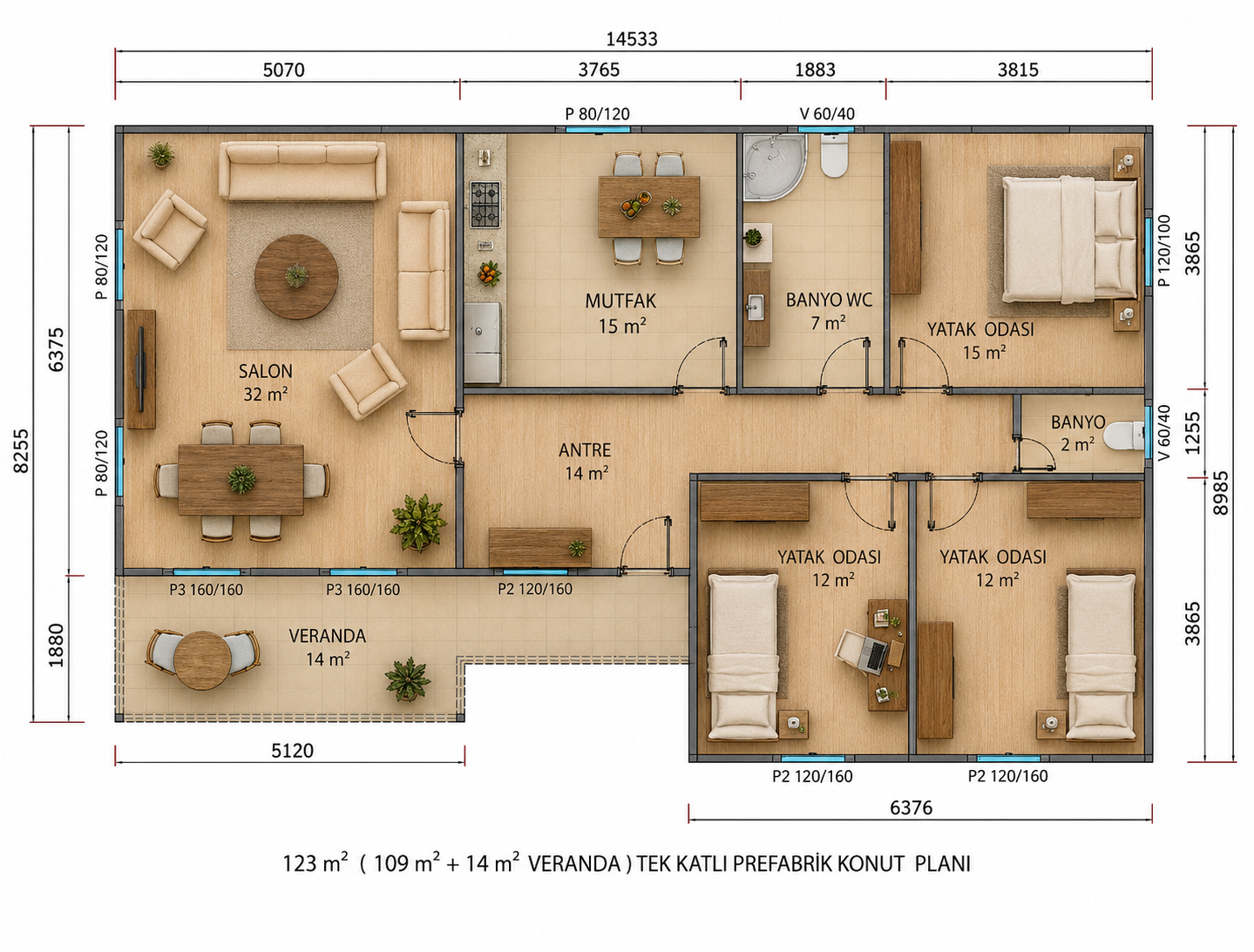 123 m² Prefabrik Ev