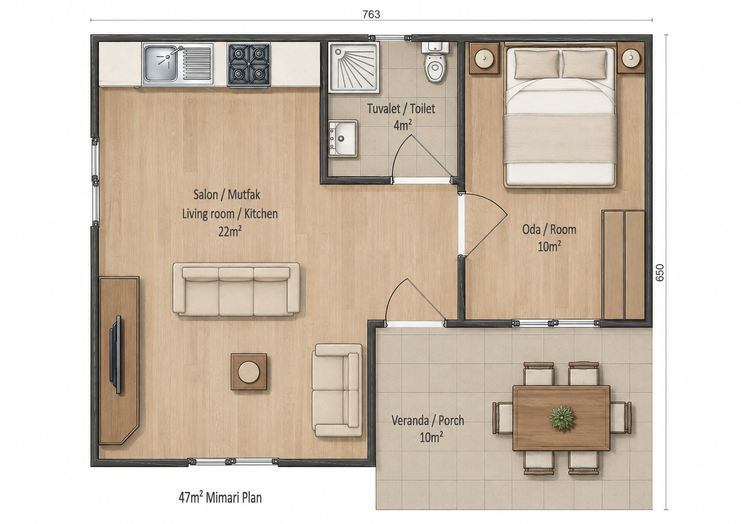 47 m² Prefabrik Ev