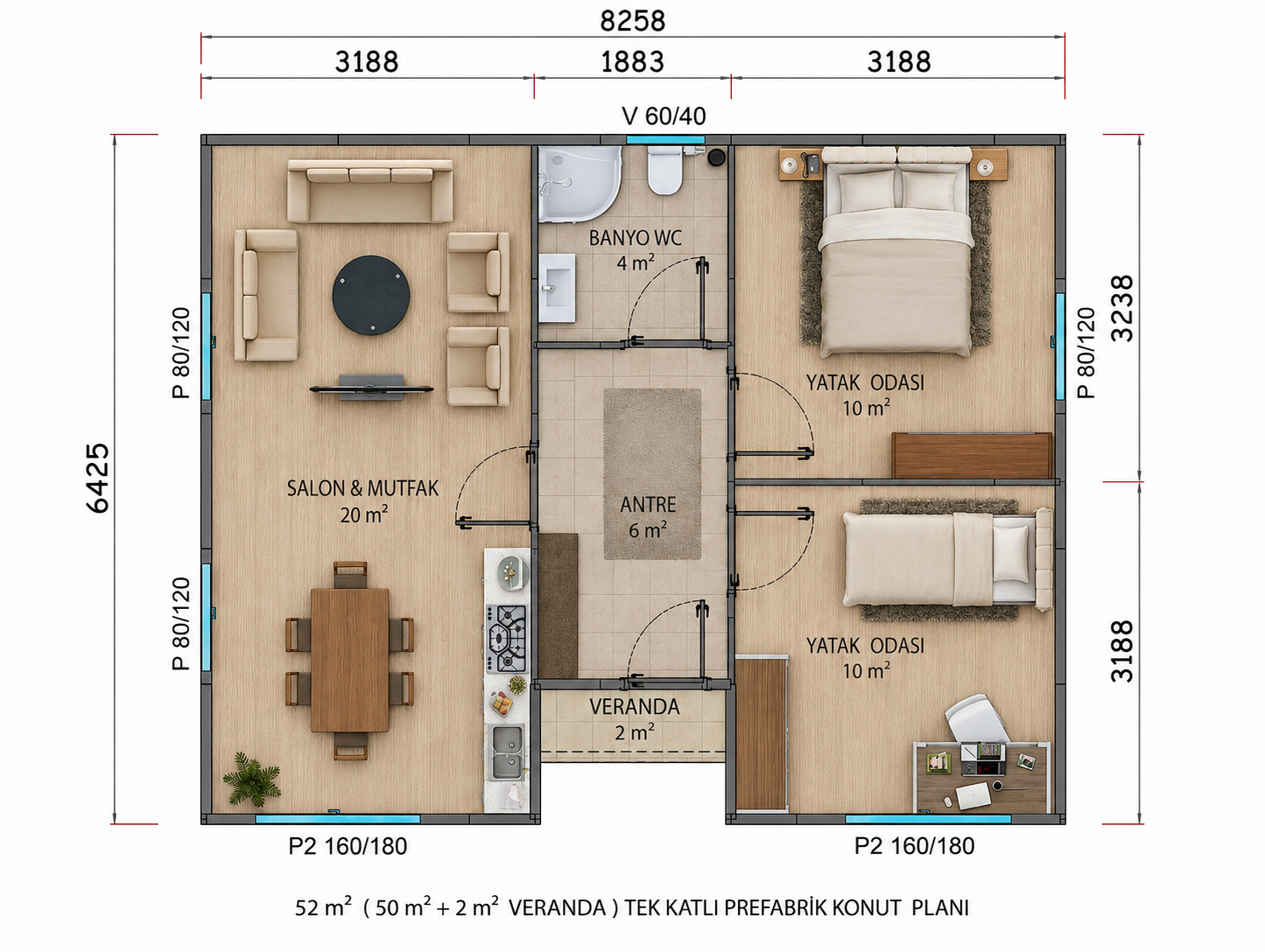 52 m² Prefabrik Ev