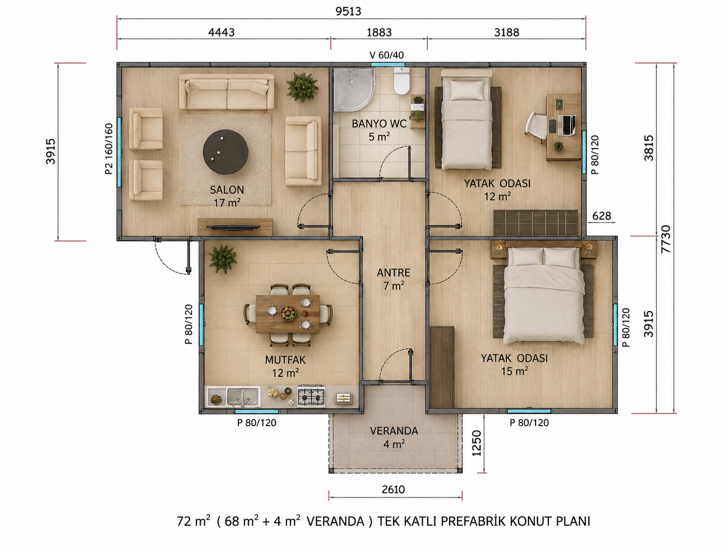 72 m² Prefabrik Ev